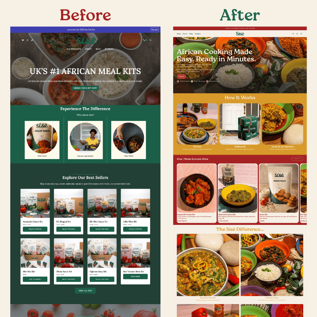 Website before and after for African meal kit brand